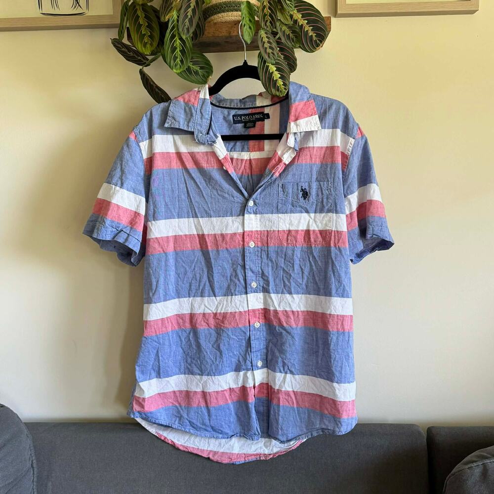 US Polo Assn Mens Short Sleeve Button‎ Down Shirt Cotton Striped Blue Pink White